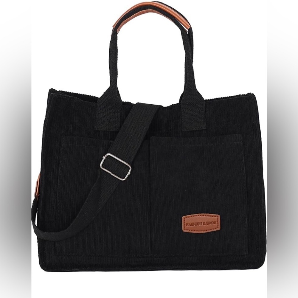 Corduroy Tote Bag - NEW - Black with Pockets Fashion Crossbody Bag. Black.